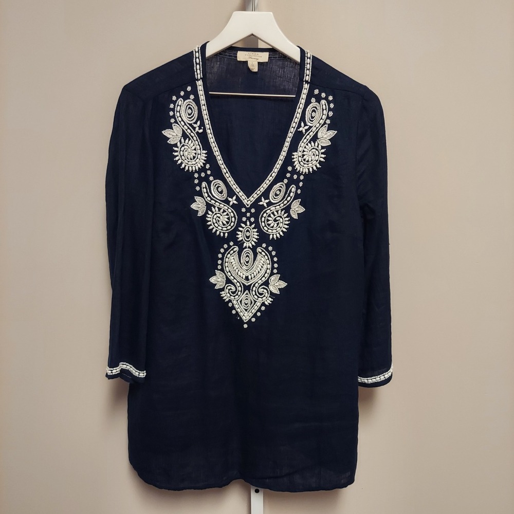 Charter Club Luxury Womens Navy Blue 100% Linen Beaded Embroidered Tunic Top L
